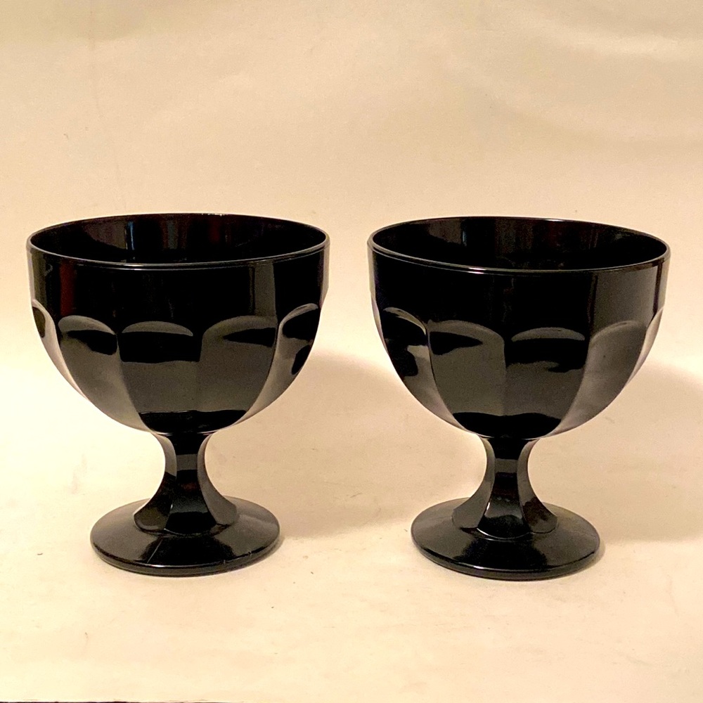 Set of 2  FIDENZA Black Ribbed Glass Footed Compote Dish Bowls Marked Italy